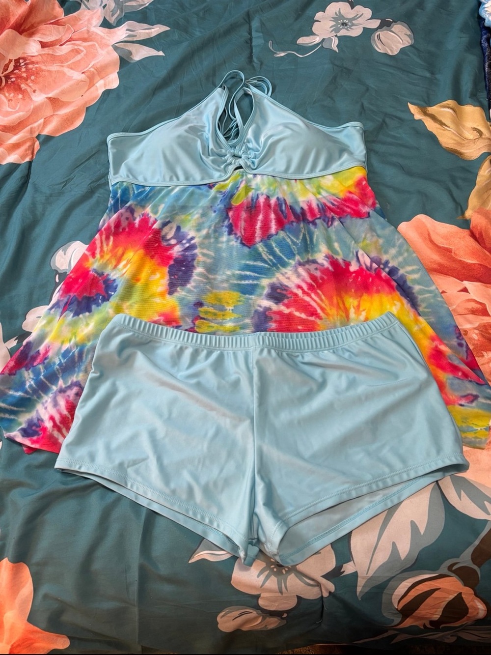 Rosegal Light Blue Tankini with Rainbow Tie-Dye Skirt 3X